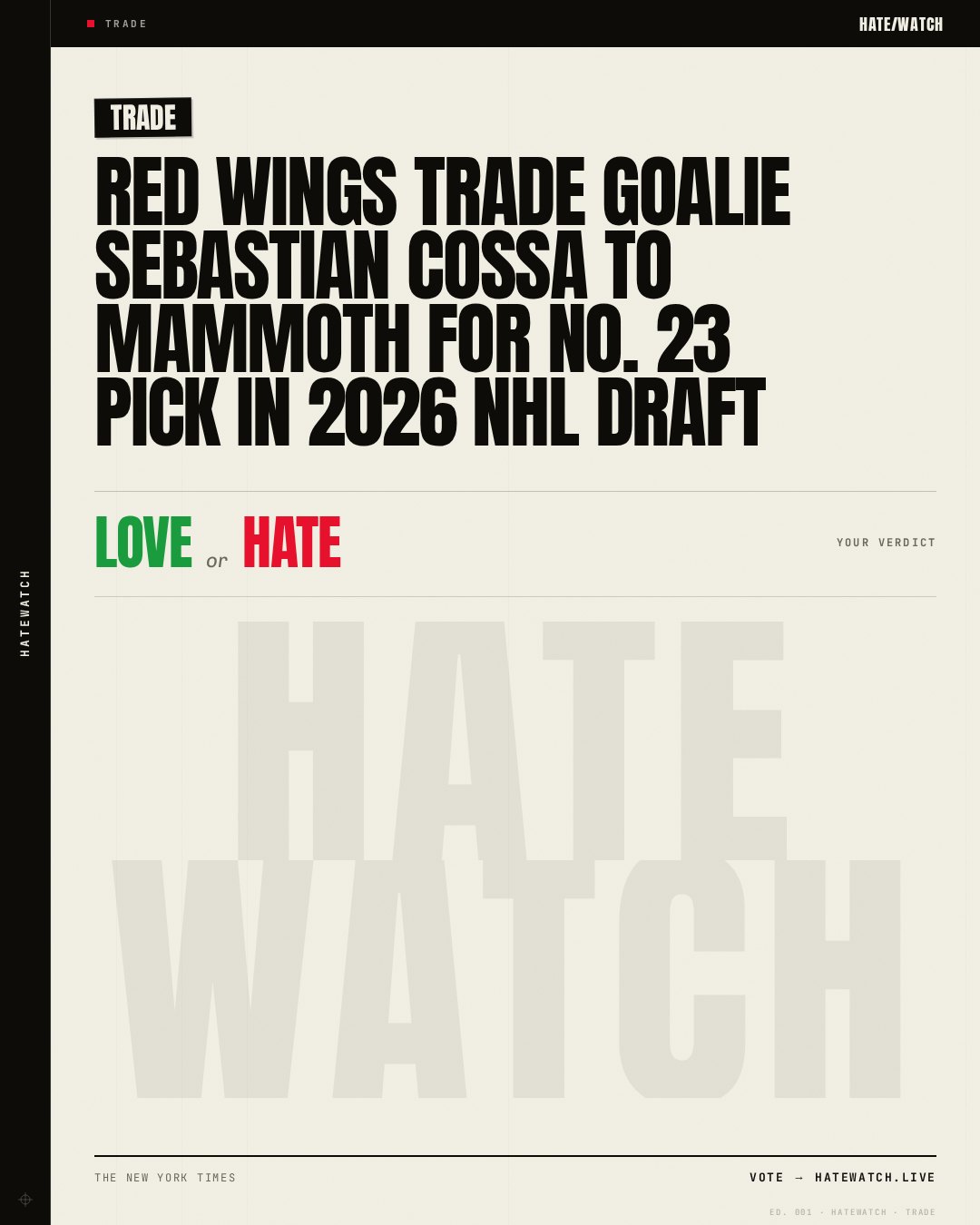 Red Wings trade goalie Sebastian Cossa to Mammoth for No. 23 pick in 2026 NHL Draft