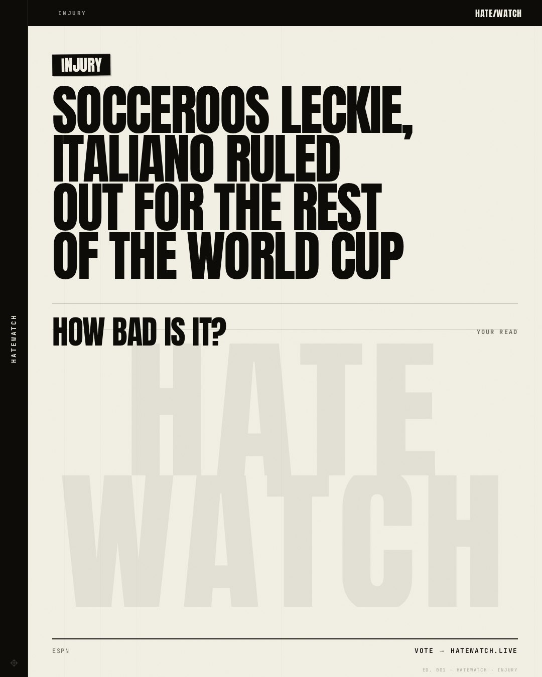 Socceroos Leckie, Italiano ruled out for the rest of the World Cup