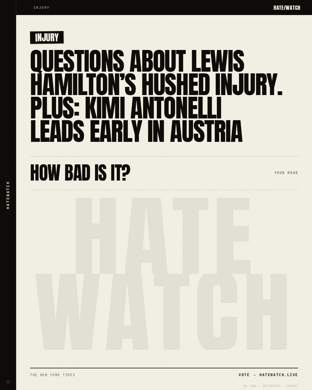 Questions about Lewis Hamilton’s hushed injury. Plus: Kimi Antonelli leads early in Austria