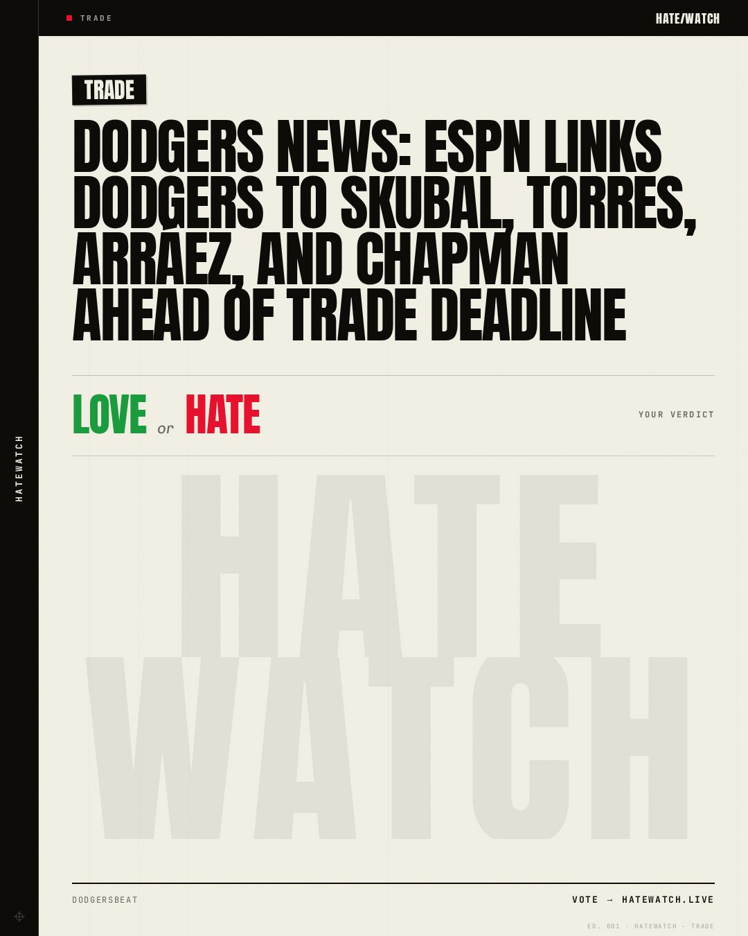 Dodgers News: ESPN Links Dodgers to Skubal, Torres, Arráez, and Chapman Ahead of Trade Deadline