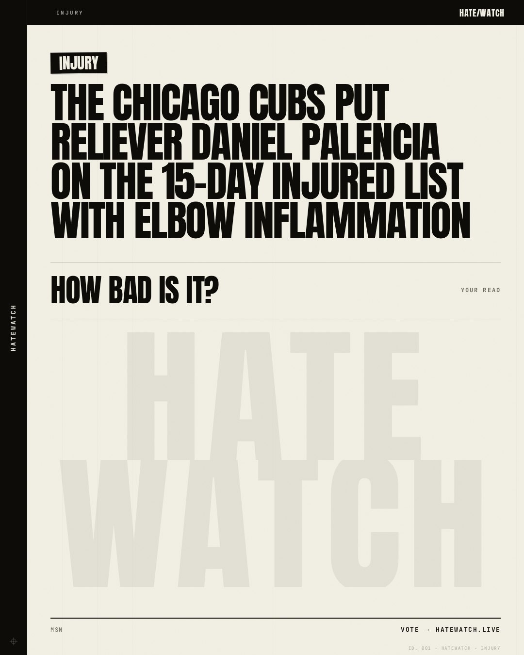 The Chicago Cubs put reliever Daniel Palencia on the 15-day injured list with elbow inflammation