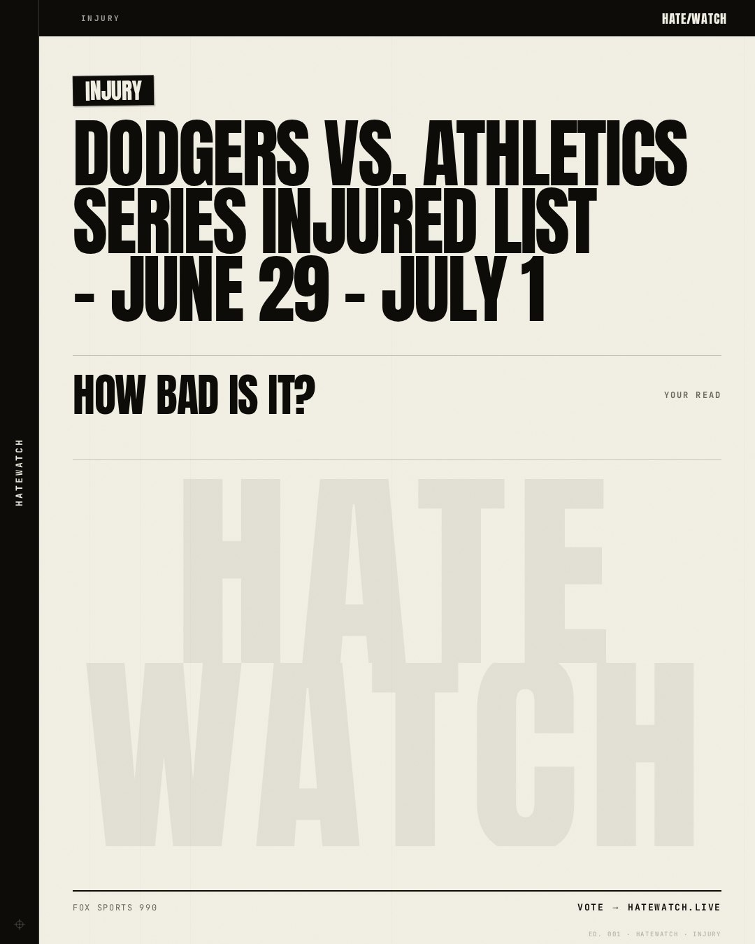 Dodgers vs. Athletics Series Injured List - June 29 - July 1