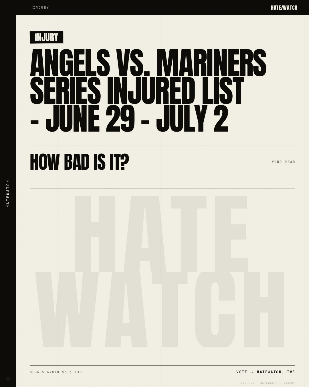 Angels vs. Mariners Series Injured List - June 29 - July 2