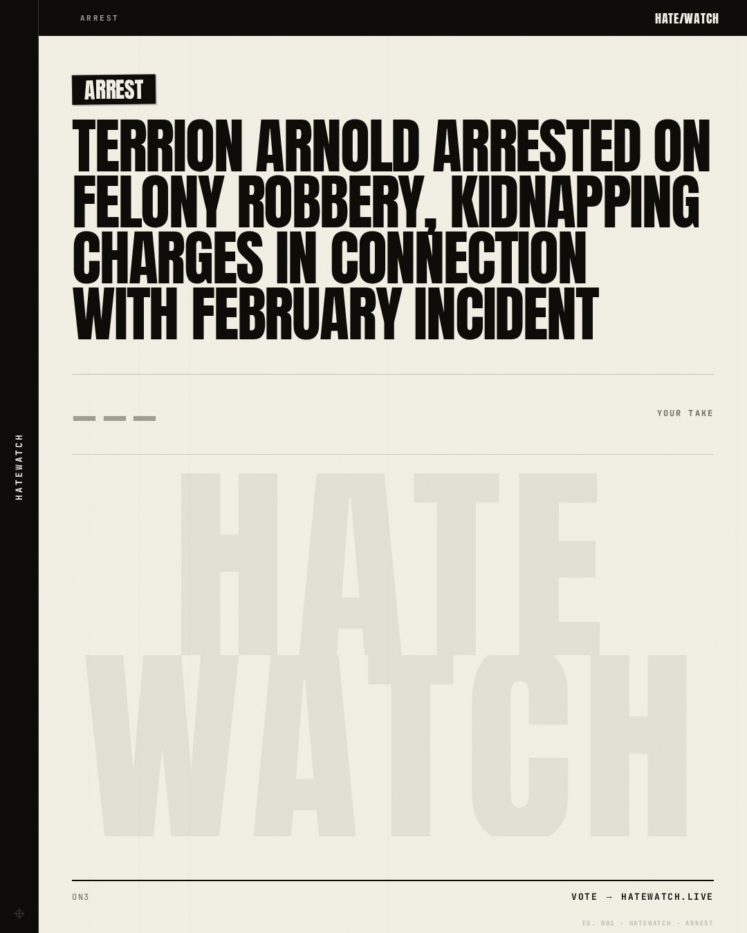 Terrion Arnold arrested on felony robbery, kidnapping charges in connection with February incident
