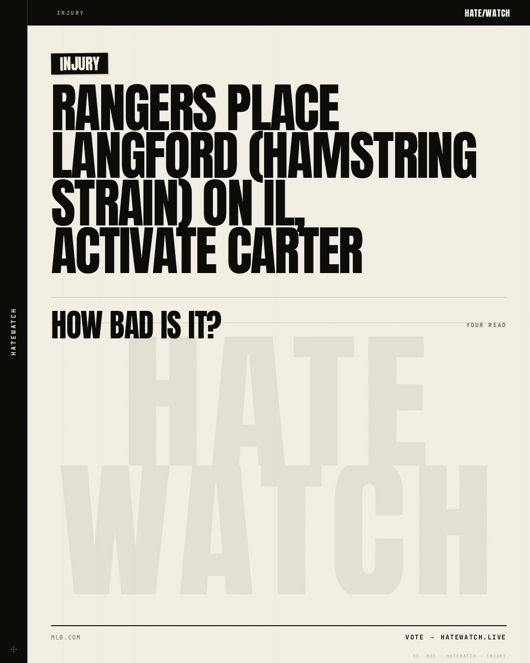 Rangers place Langford (hamstring strain) on IL, activate Carter