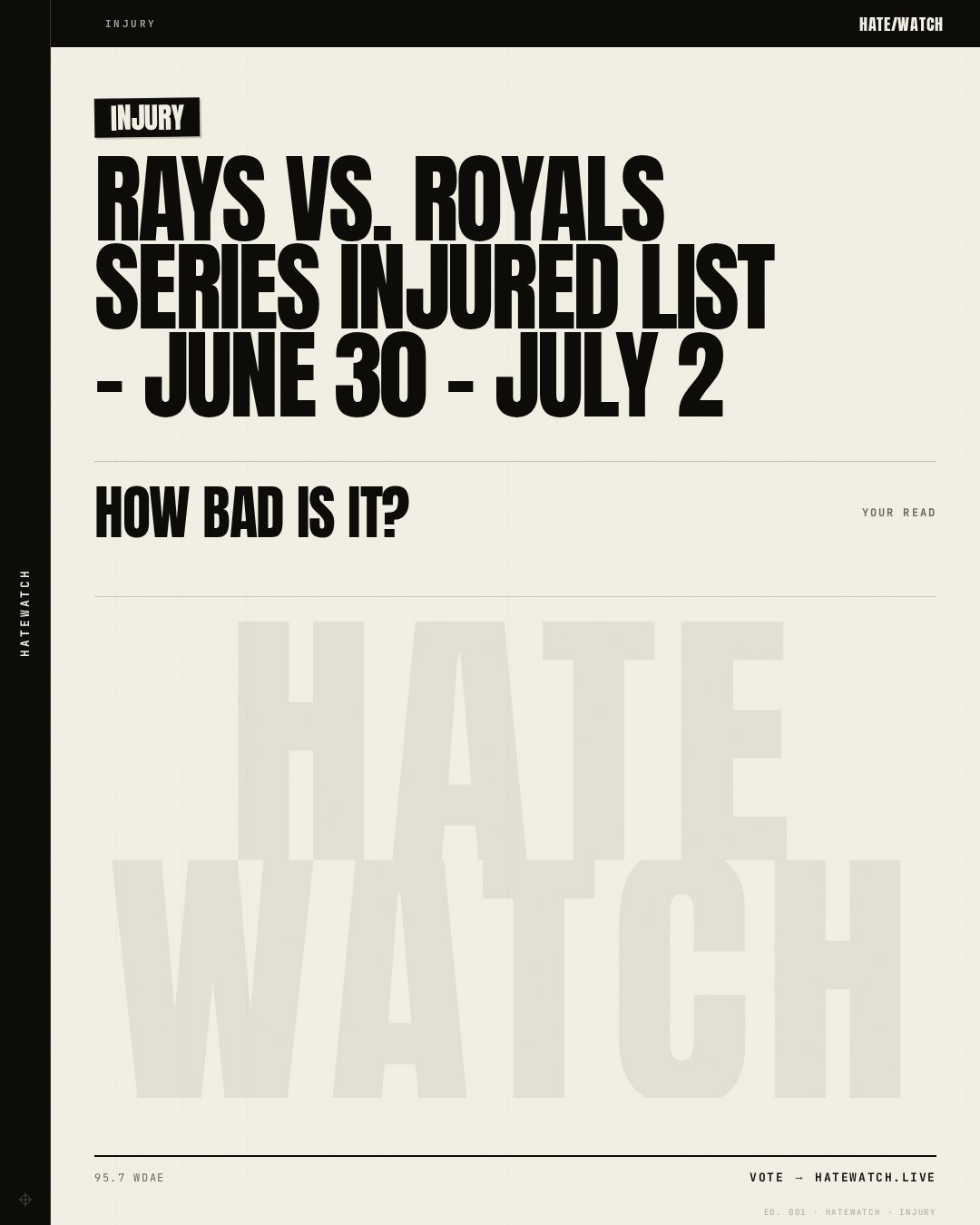 Rays vs. Royals Series Injured List - June 30 - July 2