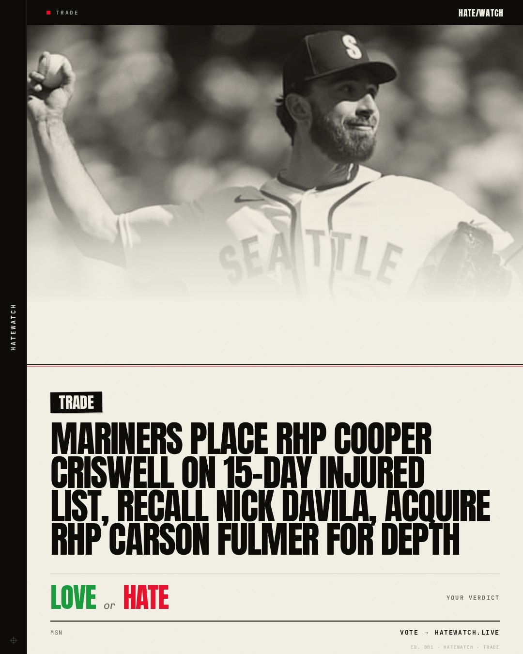 Mariners place RHP Cooper Criswell on 15-day injured list, recall Nick Davila, acquire RHP Carson Fulmer for depth