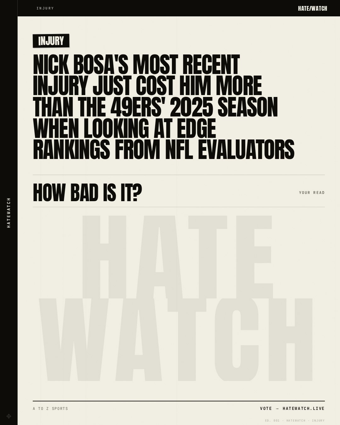 Nick Bosa's most recent injury just cost him more than the 49ers' 2025 season when looking at EDGE rankings from NFL evaluators