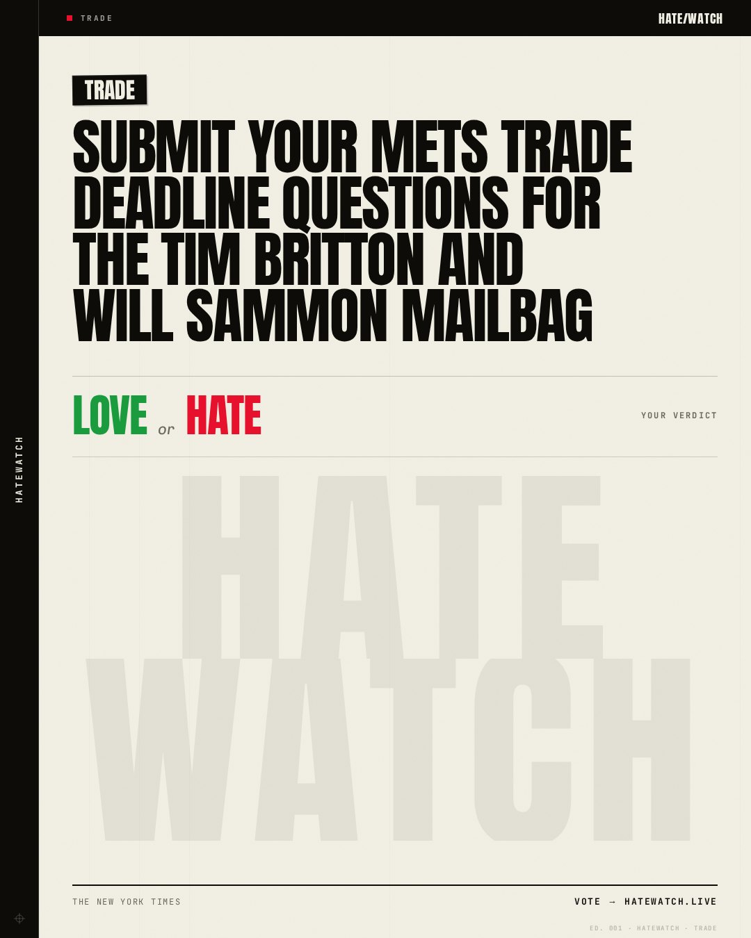 Submit your Mets trade deadline questions for the Tim Britton and Will Sammon mailbag