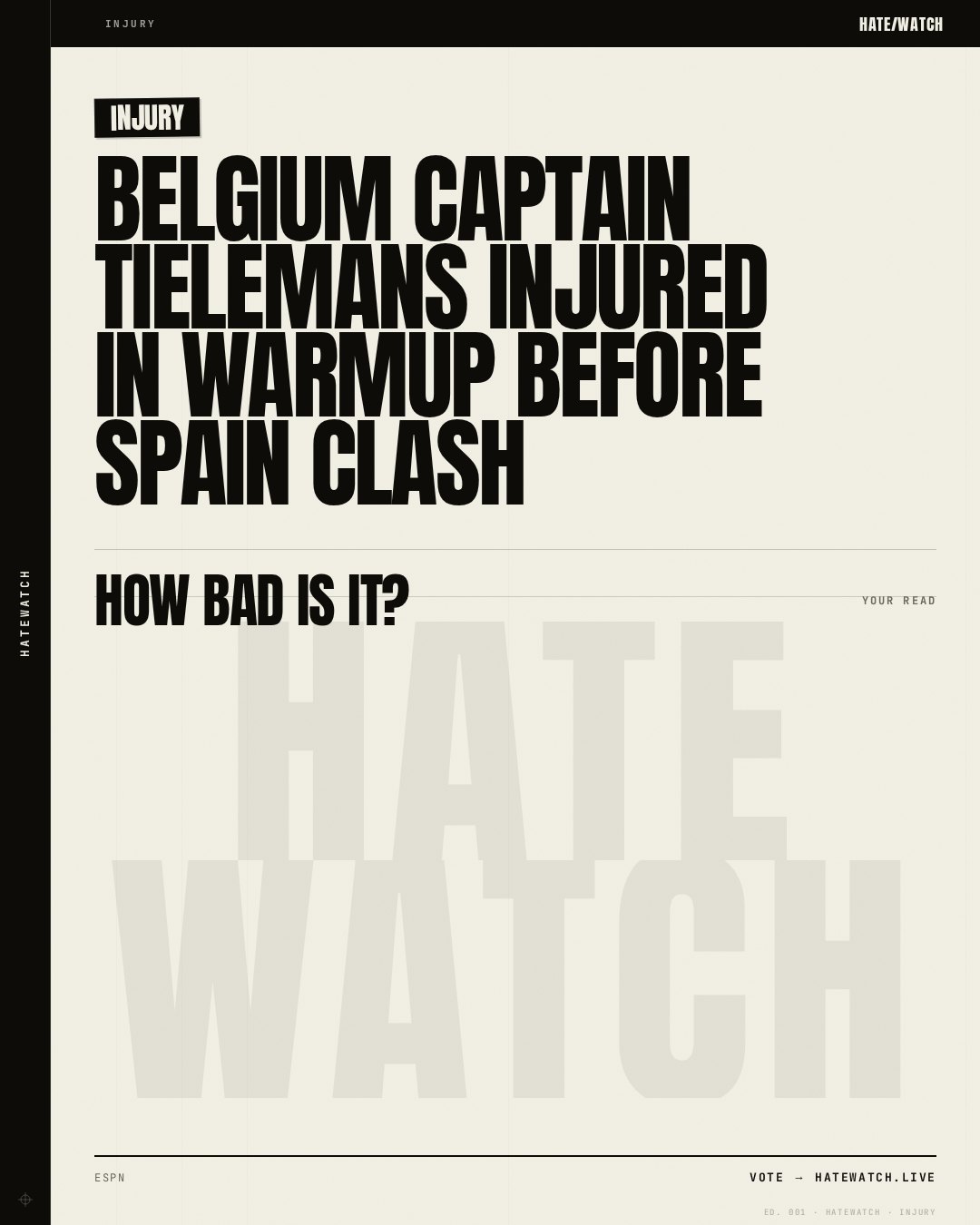 Belgium captain Tielemans injured in warmup before Spain clash