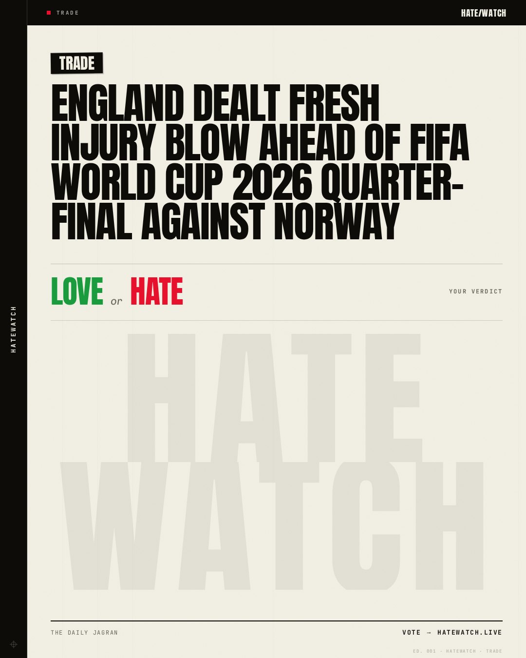 England Dealt Fresh Injury Blow Ahead Of FIFA World Cup 2026 Quarter-final Against Norway
